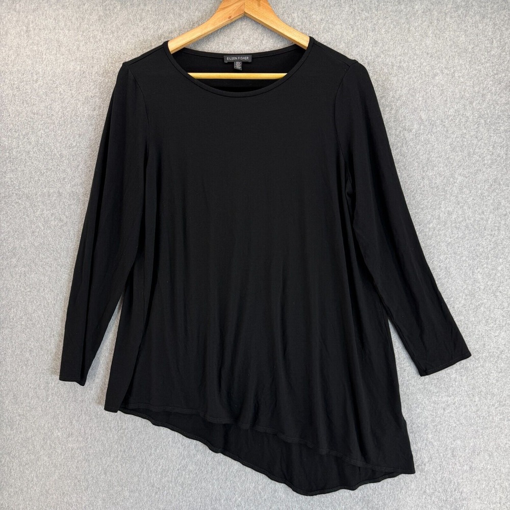 Eileen Fisher Large Black Long Sleeve Blouse Top Shirt Viscose Flowy Asymmetric